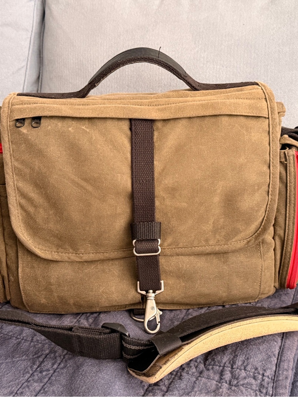 Canvas Messenger Bag /Camera Bag in Green  with Black Strap, Orange trim